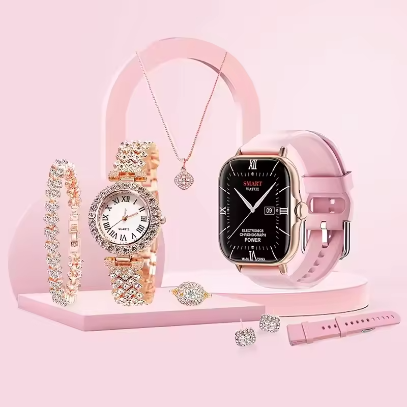 Female smartwatch A58 Plus Suits Delicate Luxury Gold Bracelet with Diamond Sport Smart watch 6 in 1 Set Gift Box